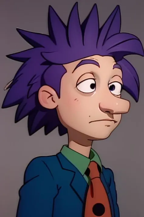 <lora:Stu Pickles - V1:0.9> stu_pickles, dark blue hair, short messy hair, stubble, black eyes, light skin, long sleeves, dark blue, buttondown shirt, green undershirt, red tie with black polka_dot, blue pants, brown shoes, fcPortrait_Force_Portrait, portrait, close up, looking at viewer,  portrait,  close up,