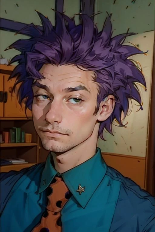 <lora:Stu Pickles - V1:1.0> stu_pickles, 1boy, dark blue hair, short messy hair, stubble, black eyes, light skin, long sleeves, dark blue, buttondown shirt, green undershirt, red tie with black polka_dot, middle aged, fcPortrait_Force_Portrait, portrait, close up, looking at viewer, portrait, close up,
