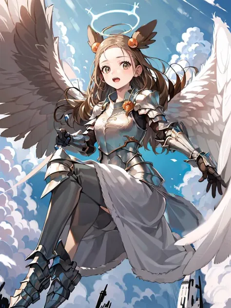 (best quality, ultra-detailed, best illustration, best shadow, masterpiece, high res, professional artwork, famous artwork), (solo, 1girl),  <lora:concept_knightify_(KnightT):0.8>, KnightT, armor, angel halo, (flying:1.5), fluffy clouds, blue sky, in the sky, reaching out, brown hair,