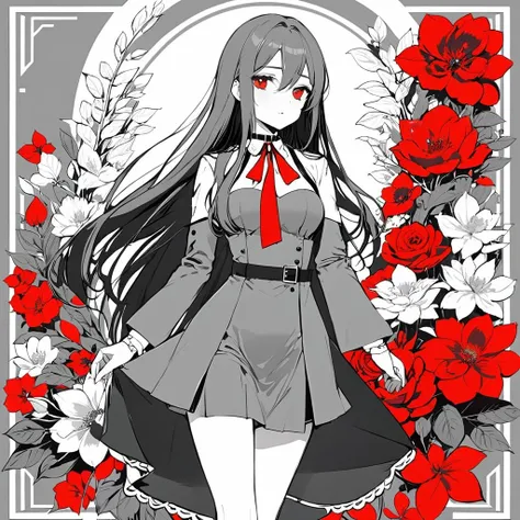 taluopai,1girl,solo,dress,flower,choker,solid color,red highlights long hair,suit grayscale,border , <lora:taluopai:0.5>