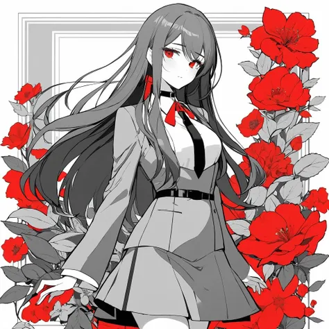 taluopai,1girl,solo,dress,flower,choker,solid color,red highlights long hair,suit grayscale,border , <lora:taluopai:0.3>