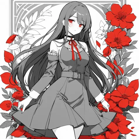 taluopai,1girl,solo,dress,flower,choker,solid color,red highlights long hair,suit grayscale,border , <lora:taluopai:0.4>