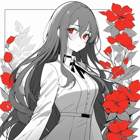 taluopai,1girl,solo,dress,flower,choker,solid color,red highlights long hair,suit grayscale,border , <lora:taluopai:0.1>