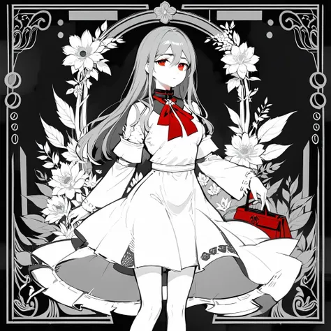 taluopai,1girl,solo,dress,flower,choker,solid color,red highlights long hair,suit grayscale,border , <lora:taluopai:1>