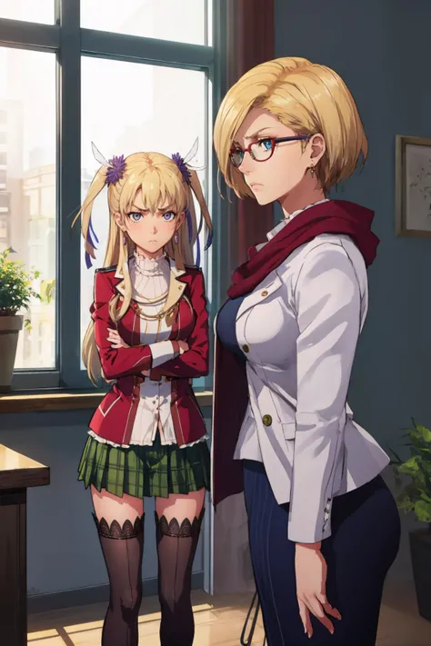 masterpiece, best quality, 2girls, standing, office  ADDBASE <lora:Irina:0.8>  Irina Reinford, blonde hair, short hair, blue eyes, red glasses, medium breasts, purple scarf, white jacket, suit, green undershirt, ruffles, blue skirt, jewelry, earrings, golden chain, solo, emotionless ADDCOL alisa reinford, two side up, sen1alisa, purple ribbon, turtleneck, red jacket, green miniskirt, brown thighhighs, standing, furrowed brow, pouting, annoyed, short girl, crossed arms <lora:alisa-nvwls-v2:0.8>