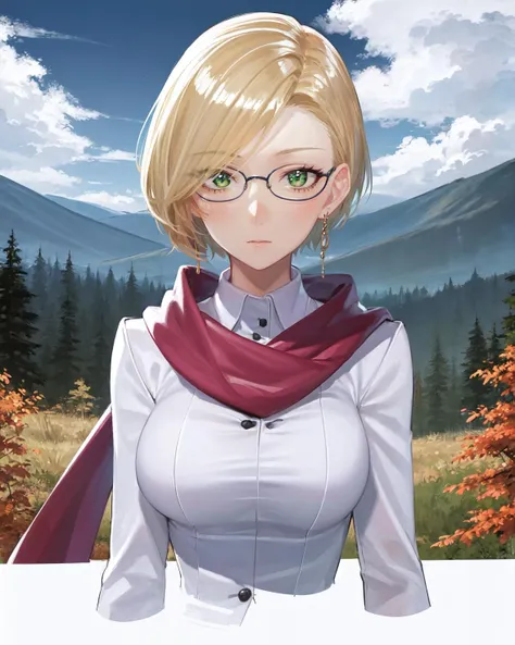 best quality, (masterpiece:1.2), illustration, absurdres,<lora:deluster2:-1>, <lora:hairdetailer:0.5>, <lora:boldline:-1>, <lora:flat2:0.7>, particles, sparkles,
(1girl, solo), (beautiful detailed girl), (upper body, portrait),
<lora:Irina:0.9> Irina Reinford, blonde hair, short hair, green eyes, red glasses,
purple scarf, white jacket, suit, green undershirt, ruffles, blue skirt, long skirt, black pantyhose, high heels, jewelry, earrings, golden chain,
looking at viewer,
overlooking distant mountains, distant river, (pine forest), autumn colors, sky, clouds, intricate, detailed background,