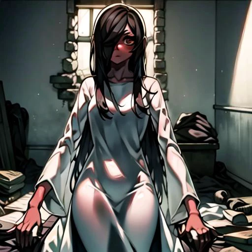 masterpiece, best quality, sadako_yamamura, <lora:Sadakobest:1>, <lora:redSkinFeature_v10:1>,(red skin),in abandoned building,whitedress,cowboy shot, looking at viewer,