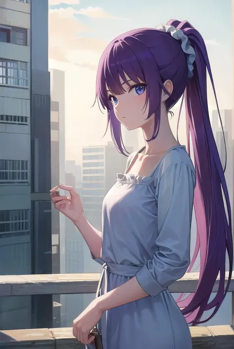 hitagisenjougahara, <lora:hitagisenjougahara-lora-nochekaiser:1>, 
senjougahara hitagi, long hair, bangs, ponytail, sidelocks, scrunchie, blue eyes, purple hair, (medium breast:1.2), 
BREAK casual dress, casual,
BREAK outdoors, city,
BREAK looking at viewer, (cowboy shot:1.5),
BREAK <lyco:GoodHands-beta2:1>, (masterpiece:1.2), best quality, high resolution, unity 8k wallpaper, (illustration:0.8), (beautiful detailed eyes:1.6), extremely detailed face, perfect lighting, extremely detailed CG, (perfect hands, perfect anatomy),