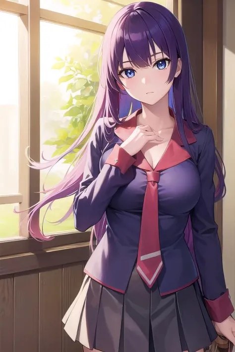 hitagisenjougahara, <lora:hitagisenjougahara-lora-nochekaiser:1>, 
senjougahara hitagi, long hair, blue eyes, purple hair, (medium breast:1.2), 
BREAK skirt, thighhighs, school uniform, necktie, black thighhighs, zettai ryouiki, naoetsu high school uniform, light purple shirt,
BREAK indoors, classroom,
BREAK looking at viewer, (cowboy shot:1.5),
BREAK <lyco:GoodHands-beta2:1>, (masterpiece:1.2), best quality, high resolution, unity 8k wallpaper, (illustration:0.8), (beautiful detailed eyes:1.6), extremely detailed face, perfect lighting, extremely detailed CG, (perfect hands, perfect anatomy),