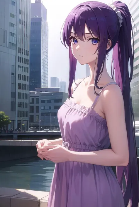 hitagisenjougahara, <lora:hitagisenjougahara-lora-nochekaiser:1>, 
senjougahara hitagi, long hair, bangs, ponytail, sidelocks, scrunchie, blue eyes, purple hair, (medium breast:1.2), 
BREAK casual dress, casual,
BREAK outdoors, city,
BREAK looking at viewer, (cowboy shot:1.5),
BREAK <lyco:GoodHands-beta2:1>, (masterpiece:1.2), best quality, high resolution, unity 8k wallpaper, (illustration:0.8), (beautiful detailed eyes:1.6), extremely detailed face, perfect lighting, extremely detailed CG, (perfect hands, perfect anatomy),