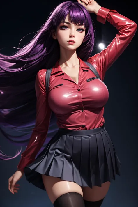 (ultra realistic,32k,RAW photo:1.1),(high detailed skin:1.1), 8k uhd, dslr, high quality, film grain,(makeup, mascara:1.1) , lips,(thick\lips\),
,(shiny glossy translucent clothing:1.1), <lora:senjougahara_hitagi:0.8>senjougahara_hitagi, long hair, looking at viewer, skirt, thighhighs, shiny hair, long sleeves, zettai ryouiki, pleated skirt, very long hair, purple hair, (purple eyes:0.75) , (huge breast:0.9), <lora:add_detail:0.75>,
Twirling with arms in the air,
(busty:1.1) , (chubby:0.1),(Specular highlight glowwave :1.1),<lora:LowRA:0.4>, dark theme ,blank background, ,(glowing lights background:1.1)