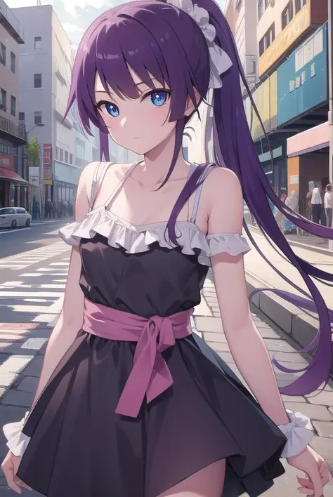 hitagisenjougahara, <lora:hitagisenjougahara:1>,senjougahara hitagi, long hair, bangs, ponytail, sidelocks, scrunchie, blue eyes, purple hair, (small breast:1.2), BREAK casual dress, casual, BREAK looking at viewer, BREAK outdoors, city, BREAK <lora:GoodHands-vanilla:1>, (masterpiece:1.2), best quality, high resolution, unity 8k wallpaper, (illustration:0.8), (beautiful detailed eyes:1.6), extremely detailed face, perfect lighting, extremely detailed CG, (perfect hands, perfect anatomy),