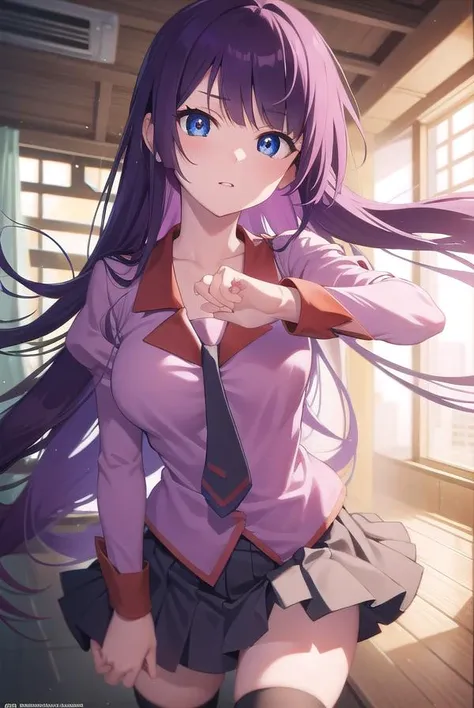 hitagisenjougahara, <lora:hitagisenjougahara:1>,senjougahara hitagi, long hair, blue eyes, purple hair, (medium breast:1.2), BREAK skirt, thighhighs, school uniform, necktie, black thighhighs, zettai ryouiki, naoetsu high school uniform, BREAK looking at viewer, BREAK outside, beach, BREAK <lora:GoodHands-vanilla:1>, (masterpiece:1.2), best quality, high resolution, unity 8k wallpaper, (illustration:0.8), (beautiful detailed eyes:1.6), extremely detailed face, perfect lighting, extremely detailed CG, (perfect hands, perfect anatomy),