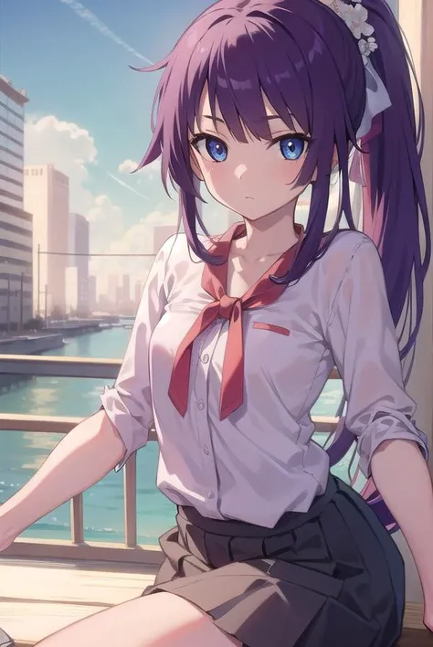 hitagisenjougahara, <lora:hitagisenjougahara:1>,senjougahara hitagi, long hair, ponytail, blue eyes, purple hair, (small breast:1.2), BREAK suit, shirt, blouse, skirt, BREAK looking at viewer, BREAK outdoors, city, BREAK <lora:GoodHands-vanilla:1>, (masterpiece:1.2), best quality, high resolution, unity 8k wallpaper, (illustration:0.8), (beautiful detailed eyes:1.6), extremely detailed face, perfect lighting, extremely detailed CG, (perfect hands, perfect anatomy),