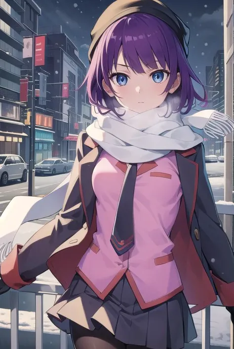 hitagisenjougahara, <lora:hitagisenjougahara:1>,senjougahara hitagi, short hair, bangs, blue eyes, purple hair, (small breast:1.2), BREAK skirt, shirt, gloves, long sleeves, hat, school uniform, jacket, pantyhose, pleated skirt, open clothes, necktie, black skirt, scarf, open jacket, coat, black pantyhose, fur trim, black necktie, blue headwear, pink shirt, beanie, winter clothes, blue scarf, naoetsu high school uniform, BREAK looking at viewer, BREAK outdoors, city, winter, snowing, BREAK <lora:GoodHands-vanilla:1>, (masterpiece:1.2), best quality, high resolution, unity 8k wallpaper, (illustration:0.8), (beautiful detailed eyes:1.6), extremely detailed face, perfect lighting, extremely detailed CG, (perfect hands, perfect anatomy),