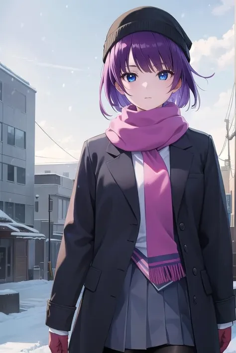 hitagisenjougahara, <lora:hitagisenjougahara-lora-nochekaiser:1>, 
senjougahara hitagi, short hair, bangs, blue eyes, purple hair, (medium breast:1.2), 
BREAK skirt, shirt, gloves, long sleeves, hat, school uniform, jacket, pantyhose, pleated skirt, open clothes, necktie, black skirt, scarf, open jacket, coat, black pantyhose, fur trim, black necktie, blue headwear, pink shirt, beanie, winter clothes, blue scarf, naoetsu high school uniform,
BREAK outdoors, city, snowing,
BREAK looking at viewer, (cowboy shot:1.5),
BREAK <lyco:GoodHands-beta2:1>, (masterpiece:1.2), best quality, high resolution, unity 8k wallpaper, (illustration:0.8), (beautiful detailed eyes:1.6), extremely detailed face, perfect lighting, extremely detailed CG, (perfect hands, perfect anatomy),
