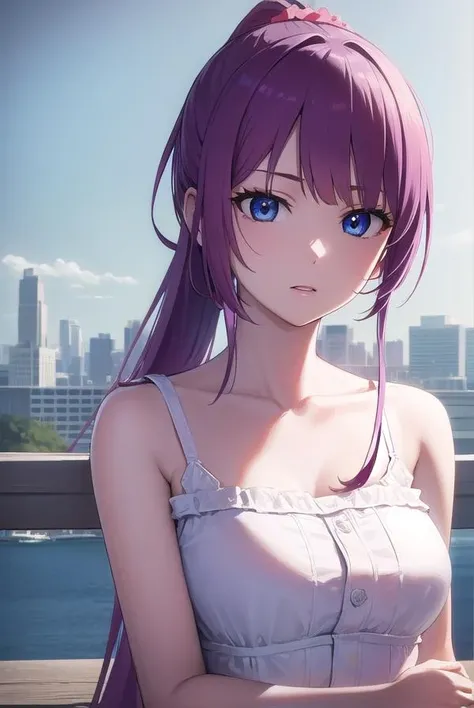 hitagisenjougahara, <lora:hitagisenjougahara-lora-nochekaiser:1>,
senjougahara hitagi, long hair, bangs, ponytail, sidelocks, scrunchie, blue eyes, purple hair, (medium breast:1.2),
BREAK casual dress, casual,
BREAK outdoors, city,
BREAK looking at viewer, (cowboy shot:1.5),
BREAK <lyco:GoodHands-beta2:1>, (masterpiece:1.2), best quality, high resolution, unity 8k wallpaper, (illustration:0.8), (beautiful detailed eyes:1.6), extremely detailed face, perfect lighting, extremely detailed CG, (perfect hands, perfect anatomy),