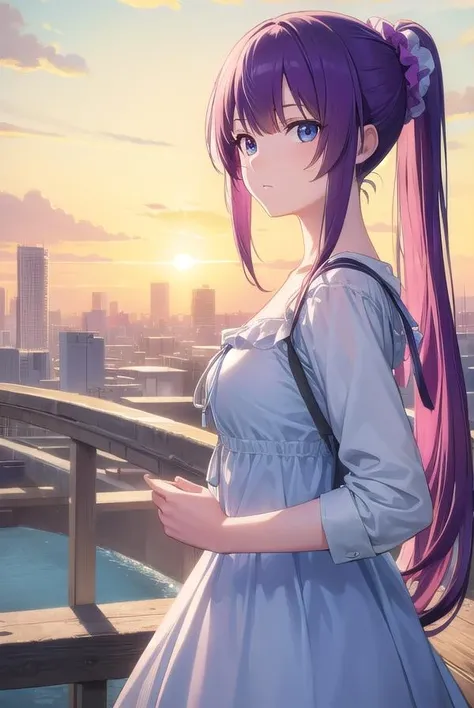 hitagisenjougahara, <lora:hitagisenjougahara-lora-nochekaiser:1>,
senjougahara hitagi, long hair, bangs, ponytail, sidelocks, scrunchie, blue eyes, purple hair, (medium breast:1.2),
BREAK casual dress, casual,
BREAK outdoors, city,
BREAK looking at viewer, (cowboy shot:1.5),
BREAK <lyco:GoodHands-beta2:1>, (masterpiece:1.2), best quality, high resolution, unity 8k wallpaper, (illustration:0.8), (beautiful detailed eyes:1.6), extremely detailed face, perfect lighting, extremely detailed CG, (perfect hands, perfect anatomy),