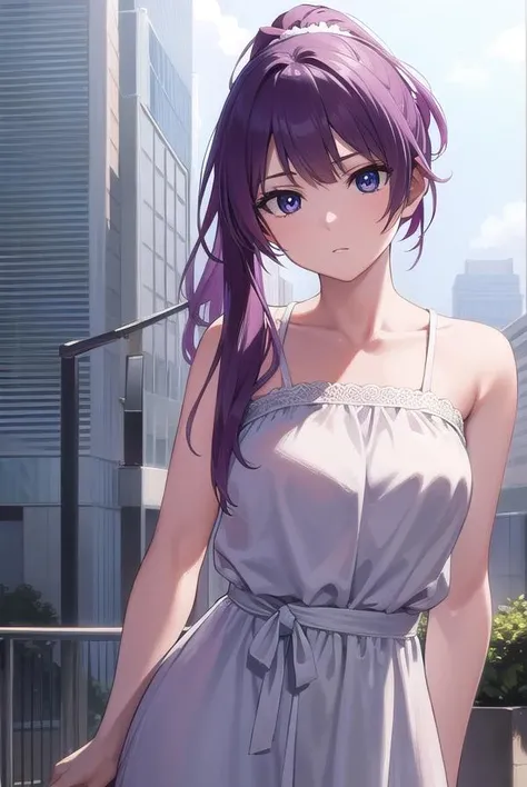 hitagisenjougahara, <lora:hitagisenjougahara-lora-nochekaiser:1>,
senjougahara hitagi, long hair, bangs, ponytail, sidelocks, scrunchie, blue eyes, purple hair, (medium breast:1.2),
BREAK casual dress, casual,
BREAK outdoors, city,
BREAK looking at viewer, (cowboy shot:1.5),
BREAK <lyco:GoodHands-beta2:1>, (masterpiece:1.2), best quality, high resolution, unity 8k wallpaper, (illustration:0.8), (beautiful detailed eyes:1.6), extremely detailed face, perfect lighting, extremely detailed CG, (perfect hands, perfect anatomy),