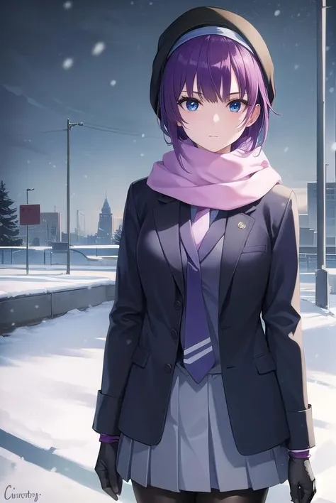 hitagisenjougahara, <lora:hitagisenjougahara-lora-nochekaiser:1>, 
senjougahara hitagi, short hair, bangs, blue eyes, purple hair, (medium breast:1.2), 
BREAK skirt, shirt, gloves, long sleeves, hat, school uniform, jacket, pantyhose, pleated skirt, open clothes, necktie, black skirt, scarf, open jacket, coat, black pantyhose, fur trim, black necktie, blue headwear, pink shirt, beanie, winter clothes, blue scarf, naoetsu high school uniform,
BREAK outdoors, city, snowing,
BREAK looking at viewer, (cowboy shot:1.5),
BREAK <lyco:GoodHands-beta2:1>, (masterpiece:1.2), best quality, high resolution, unity 8k wallpaper, (illustration:0.8), (beautiful detailed eyes:1.6), extremely detailed face, perfect lighting, extremely detailed CG, (perfect hands, perfect anatomy),