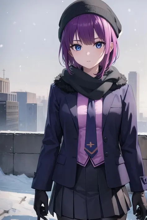 hitagisenjougahara, <lora:hitagisenjougahara-lora-nochekaiser:1>,
senjougahara hitagi, short hair, bangs, blue eyes, purple hair, (medium breast:1.2),
BREAK skirt, shirt, gloves, long sleeves, hat, school uniform, jacket, pantyhose, pleated skirt, open clothes, necktie, black skirt, scarf, open jacket, coat, black pantyhose, fur trim, black necktie, blue headwear, pink shirt, beanie, winter clothes, blue scarf, naoetsu high school uniform,
BREAK outdoors, city, snowing,
BREAK looking at viewer, (cowboy shot:1.5),
BREAK <lyco:GoodHands-beta2:1>, (masterpiece:1.2), best quality, high resolution, unity 8k wallpaper, (illustration:0.8), (beautiful detailed eyes:1.6), extremely detailed face, perfect lighting, extremely detailed CG, (perfect hands, perfect anatomy),