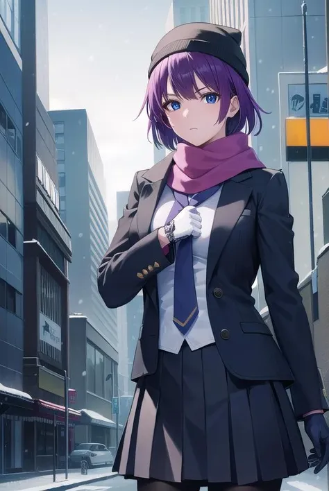 hitagisenjougahara, <lora:hitagisenjougahara-lora-nochekaiser:1>,
senjougahara hitagi, short hair, bangs, blue eyes, purple hair, (medium breast:1.2),
BREAK skirt, shirt, gloves, long sleeves, hat, school uniform, jacket, pantyhose, pleated skirt, open clothes, necktie, black skirt, scarf, open jacket, coat, black pantyhose, fur trim, black necktie, blue headwear, pink shirt, beanie, winter clothes, blue scarf, naoetsu high school uniform,
BREAK outdoors, city, snowing,
BREAK looking at viewer, (cowboy shot:1.5),
BREAK <lyco:GoodHands-beta2:1>, (masterpiece:1.2), best quality, high resolution, unity 8k wallpaper, (illustration:0.8), (beautiful detailed eyes:1.6), extremely detailed face, perfect lighting, extremely detailed CG, (perfect hands, perfect anatomy),