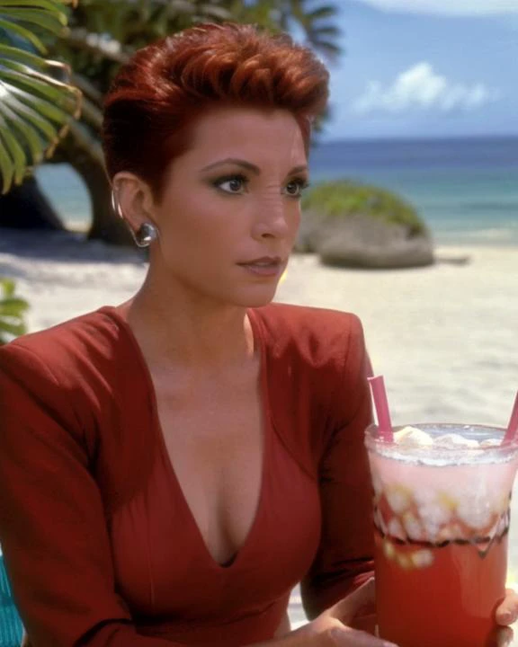 <lora:majorkira_lora:0.8>, majorkira, female, short auburn hair, ridges on nose bridge, wearing silver cuff chain earring on right ear, nana visitor, wearing red bajoran uniform, wearing bajoran brooch, (holding a tropical drink:1.3), (at the beach:1.3), (looking at viewer:1.2), front view, wide shot, ocean, palm trees, perfect summer day