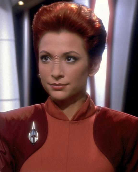 <lora:majorkira_lora:0.8>, majorkira, female, short auburn hair, ridges on nose bridge, wearing silver cuff chain earring on right ear, nana visitor, wearing red bajoran uniform, wearing bajoran brooch, posed portrait, professional photo, front view, medium shot, sci-fi space station interior background