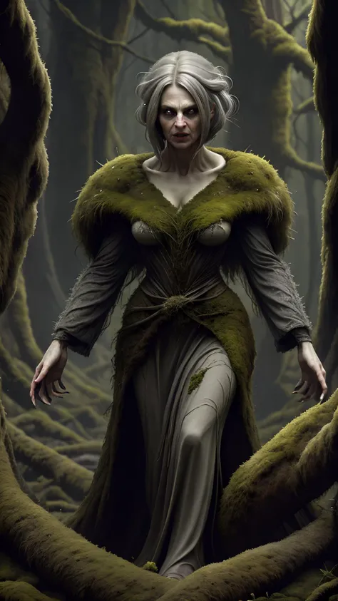 <lora:mosscovered:0.7>, moss, woman layer cut gray hair, wearing moss (Flap-pocket jeans:0.5), (Yukata:0.5), horror theme, medium shot, , (Masterpiece:1.3) (best quality:1.2) (high quality:1.1)