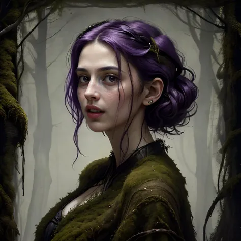 <lora:mosscovered:0.7>, moss, woman high-fade purple hair, wearing moss (Tiered culottes:0.5), (Slip dress:0.5), horror theme, portrait, old, (Masterpiece:1.3) (best quality:1.2) (high quality:1.1)