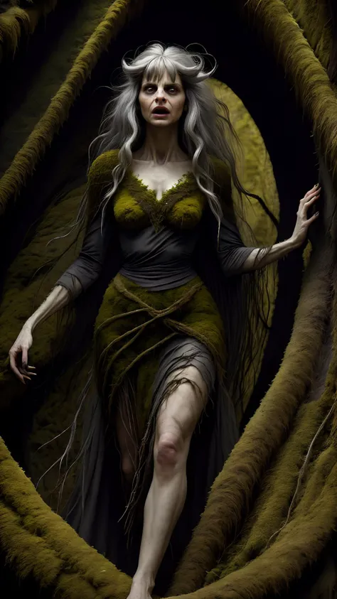 <lora:mosscovered:0.8>, moss, woman fringe gray hair, wearing moss (Plaid pants:0.5), (Anarkali dress:0.5), horror theme, medium shot, (desert canyon:0.6), (Masterpiece:1.3) (best quality:1.2) (high quality:1.1)