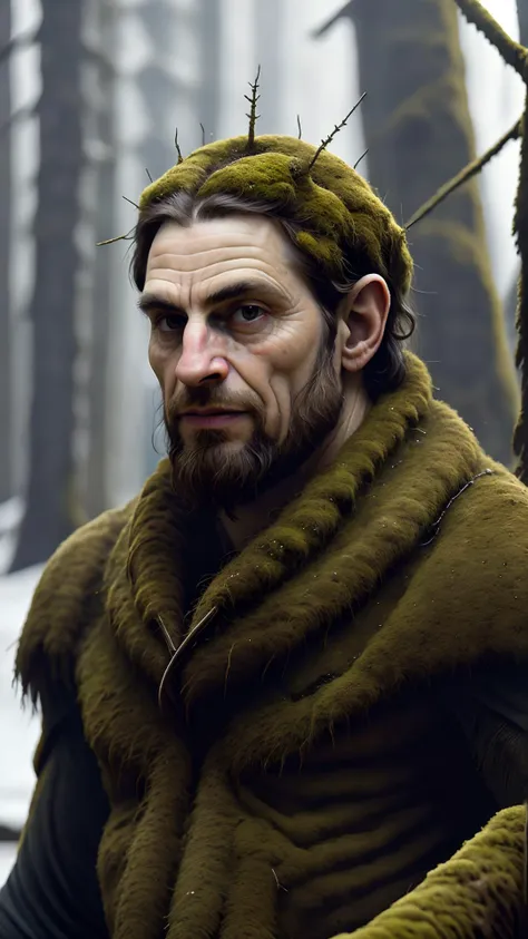 a close up of a man in a green hat and fur coat