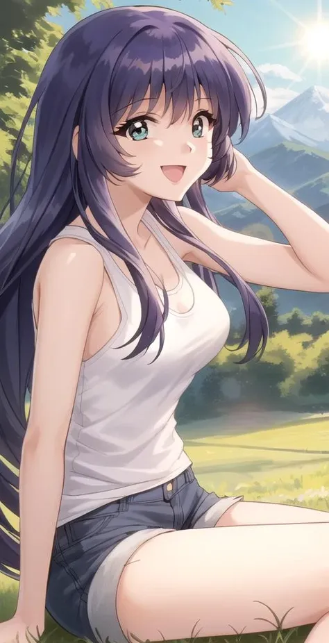 YM, 1girl, solo, portrait, smile, happy, sitting on grass hill top, mountains in the distance, sunny day, tank top, short shorts, arm behind head, hair flowing wind, shining sun, bokeh background, perfect quality, good quality, masterpiece, HDR, UHD <lora:Yurika Misumaru:0.7>