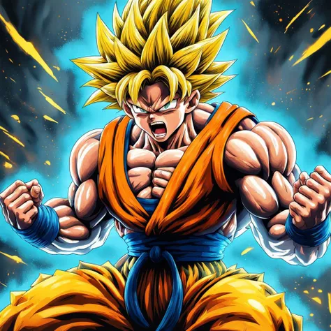 son_goku, super_saiyan, yellow_hair, yellow_eyes, aura, fighting stance, (masterpiece),shouting,high contrast, pastel colors, watercolor \(medium\), (illustration:1.2), 1 man,full body, (muscular:1.3),(Budo uniform:1.2), solo, (detailed background:1.4), hyper detailed, highly detailed, beautiful, small details, ultra detailed, best quality, intricate, sharp, digital illustration, detailed, intricate, 4k, 8k, good anatomy, beautiful lighting, award-winning, highres, (extremely detailed CG, unity, 8k wallpaper:1.1), highly detailed face, zoomout, colorful, vibrant colors