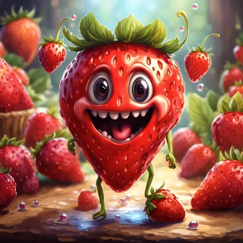 ((masterpiece:1.3,concept art,best quality)),very cute appealing anthropomorphic strawberry,looking at the viewer,big grin,happy,fruit,berry,droplets,macro,sunlight,fantasy art,dynamic composition,dramatic lighting,epic realistic,award winning illustration