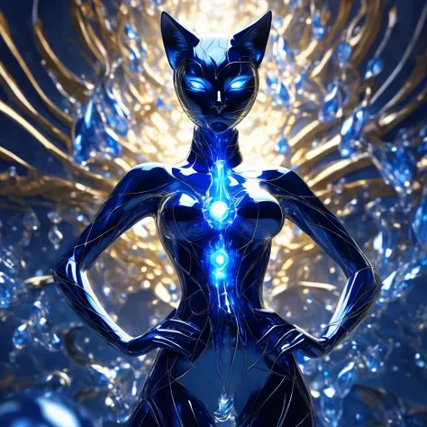 photo of a cat woman in a stunning and impossible sapphire jade deep blue planetary collision, beautiful eyes, suspended liquids, amorphous liquid geometric forms, high intensity light rays, unreal engine 5, raytracing, 4k, curving light energy beams, glowing energetic caustic liquids, thousands of ferrofluid spheres, quantum entangled light rays from other dimensions, negative width height, recursive portals