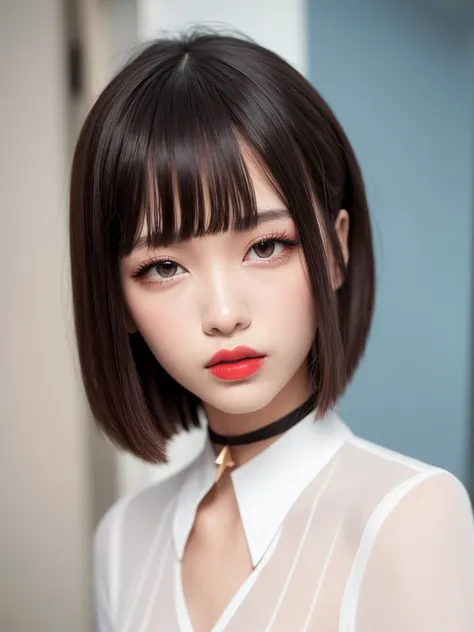 masterpiece, best quality, ultra-detailed, illustration, Delicate and beautiful eyes, delicate and beautiful face, delicate and beautiful facial features, cos photo,small face, melon face,,small nose, high nose bridge,thin lips,Cherry Small Mouth,pointed nose,1 girl,solo, short hair, looking at viewer, blue eyes, bangs, upper body, lips, closed mouth, blurry, red lips, shirt, white shirt, nose, choker, realistic, bob cut, blurry background, see-through, eyelashes, indoors, makeup,
