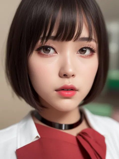 masterpiece, best quality, ultra-detailed, illustration, Delicate and beautiful eyes, delicate and beautiful face, delicate and beautiful facial features, cos photo,(Japanese face:1.5),small face, melon face,,small nose, high nose bridge,thin lips,Cherry Small Mouth,pointed nose,1 girl,solo, short hair, looking at viewer, blue eyes, bangs, upper body, lips, closed mouth, blurry, red lips, shirt, white shirt, nose, choker, realistic, bob cut, blurry background, see-through, eyelashes, indoors, makeup,