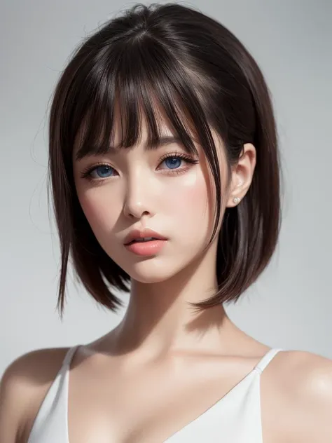 masterpiece, best quality, ultra-detailed, illustration, Delicate and beautiful eyes, delicate and beautiful face, delicate and beautiful facial features, cos photo, small face, melon face, small nose, high nose bridge, thin lips, Cherry Small Mouth, pointed nose, 1girl, breasts, solo, large breasts, cleavage, white hair, short hair, halterneck, dress, realistic, looking at viewer, bangs, blue eyes, bare shoulders, white dress, lips, closed mouth, makeup
