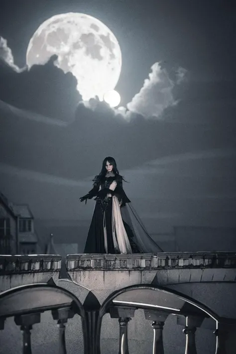 a beautiful gothic vampire. standing on a balconly under the moon. eerie. volumetric light, high dynamic range.