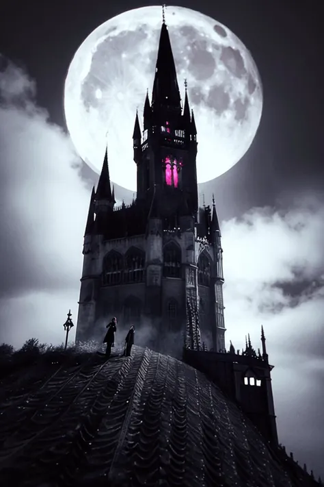 a beautiful gothic vampire. standing on a balconly under the moon. eerie. volumetric light, high dynamic range.