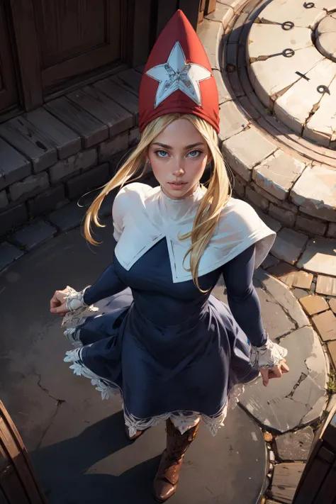 (masterpiece, best quality, 4k, detailed, intricate, realistic),from above,fisheye lens,1girl,TimeMageFFT, blonde hair, long hair, sidelocks, hat,long dress, capelet, boots, <lora:FinalFantasy_FemaleTimeMage:0.8>