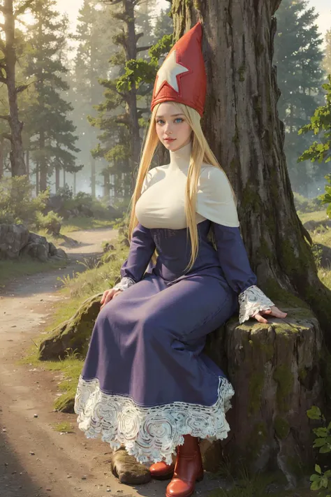 ,(8k, RAW photo, best quality, masterpiece:1.1), High detail RAW color photo, professional photograph,
,(realistic, photo realistic:1.25), ((best quality)), (masterpiece:1.3), (best quality:1.1)
,(blonde hair) ,(looking at viewer:1.2),
<lora:FFT_TimeMage:1>TimeMageFFT, blonde hair, long hair, sidelocks, hat,((long dress)), capelet, boots,huge breasts
large tree in the forest background