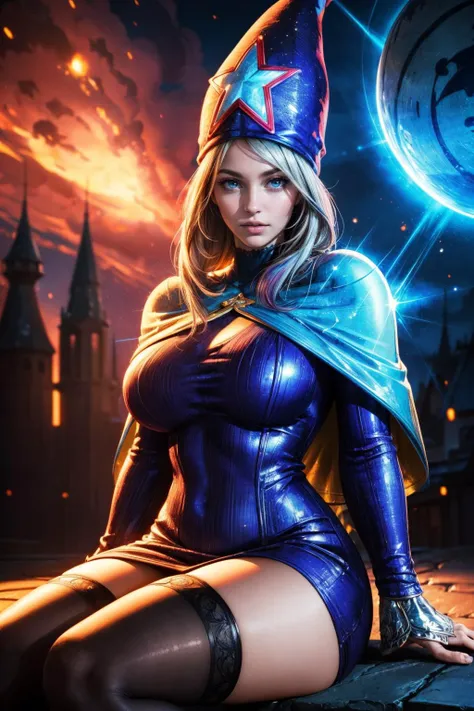 Beautiful blonde female wizard. Sexy mage outfit. Fantasy background. Thicc thighs