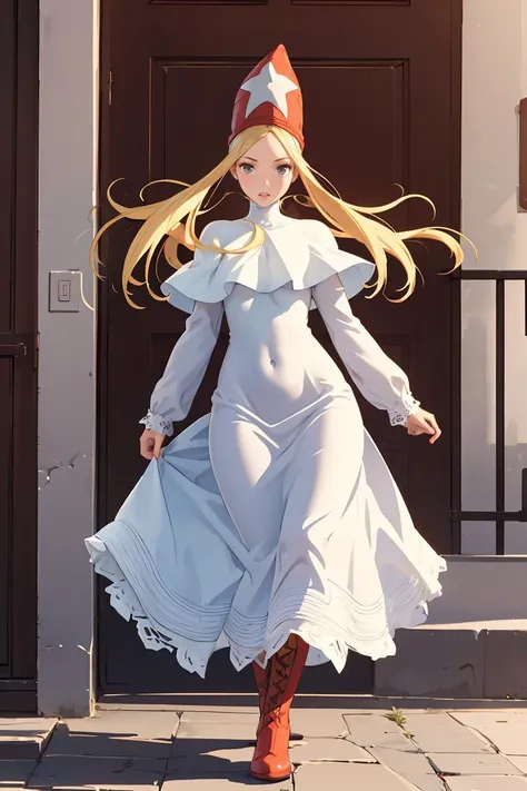 (masterpiece, best quality), 1girl, <lora:FinalFantasy_FemaleTimeMage:0.8> TimeMageFFT, blonde hair, long hair, sidelocks, hat,((long dress)), capelet, boots,