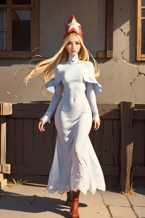 (masterpiece, best quality), 1girl, <lora:FinalFantasy_FemaleTimeMage:0.8> TimeMageFFT, blonde hair, long hair, sidelocks, hat,((long dress)), capelet, boots,