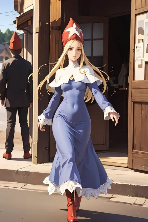 (masterpiece, best quality), 1girl, <lora:FinalFantasy_FemaleTimeMage:0.8> TimeMageFFT, blonde hair, long hair, sidelocks, hat,((long dress)), capelet, boots,