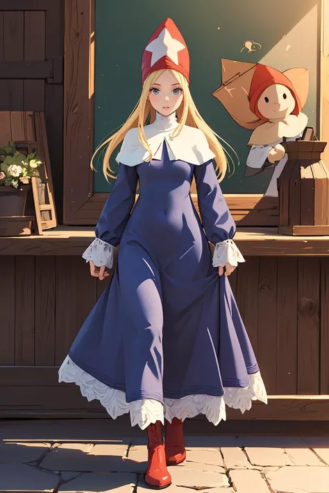 (masterpiece, best quality), 1girl, <lora:FinalFantasy_FemaleTimeMage:0.8> TimeMageFFT, blonde hair, long hair, sidelocks, hat,((long dress)), capelet, boots,