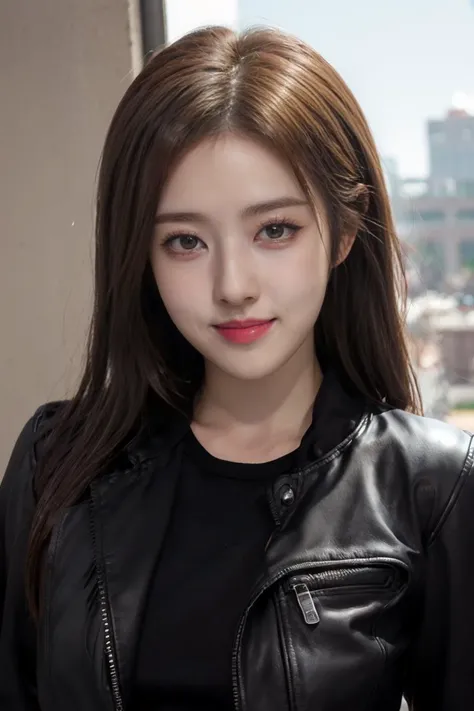 (masterpiece, best quality, 8k, RAW photo, beautiful and aesthetic:1.2), complex detail, Indirect light, photorealistic,
((woman:1.5)), smile,
Faux leather moto jacket,
<lora:WhiteSSin:1> whitessin,