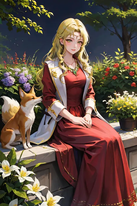 <lora:guinivere-nvwls-v1-final:0.8> guinivere, yellow hair, circlet, necklace, long red dress
masterpiece, best quality, absurdres, garden, flowers, (fox), sitting, smile